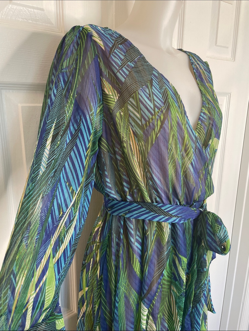 UNE AME BLUE GREEN LEAF TROPICAL PRINT FAUX WRAP HI-LOW MAXI DRESS SZ XL - Picture 4 of 13